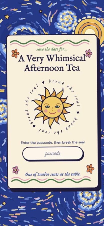 The sealed card for an afternoon tea: a smiling sun seal on a swirling painted sky