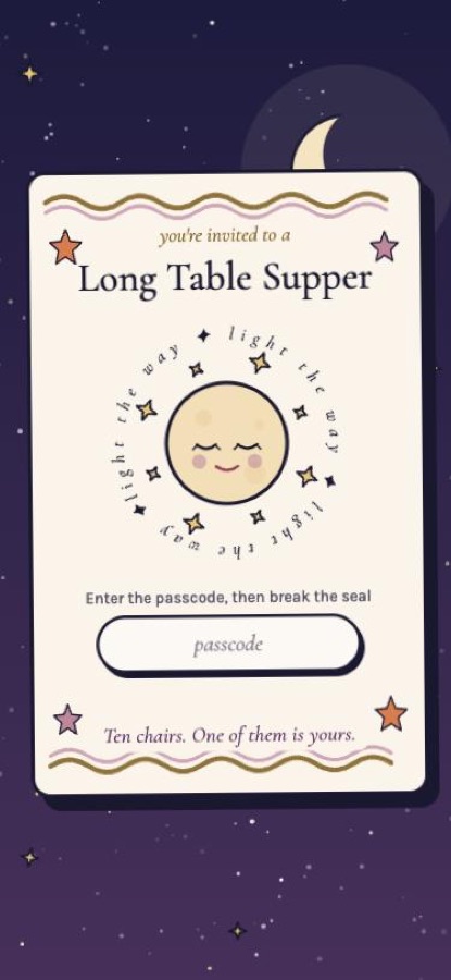 The sealed card for a supper: a sleepy moon seal under a night sky